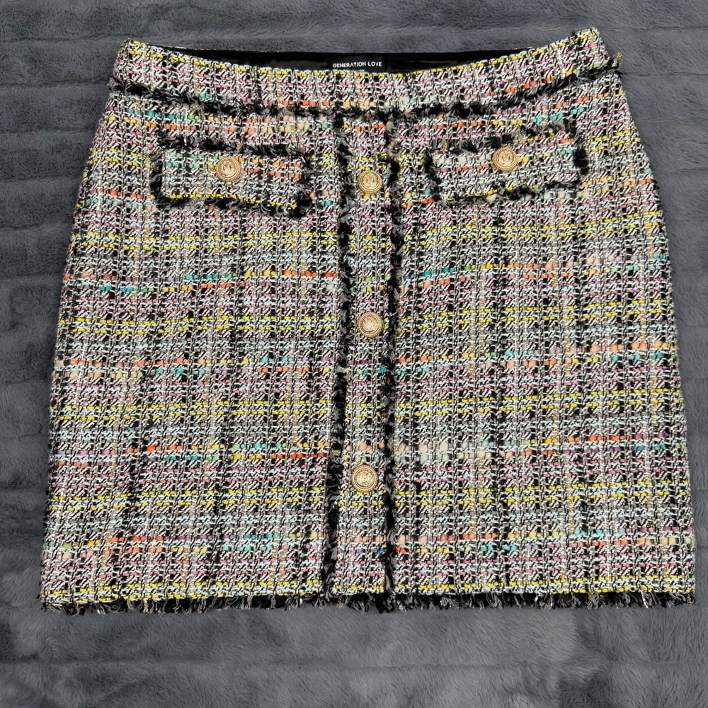 Generation Love New York Multicolor Tweed Mini Skirt Gold Crest Buttons Size 14